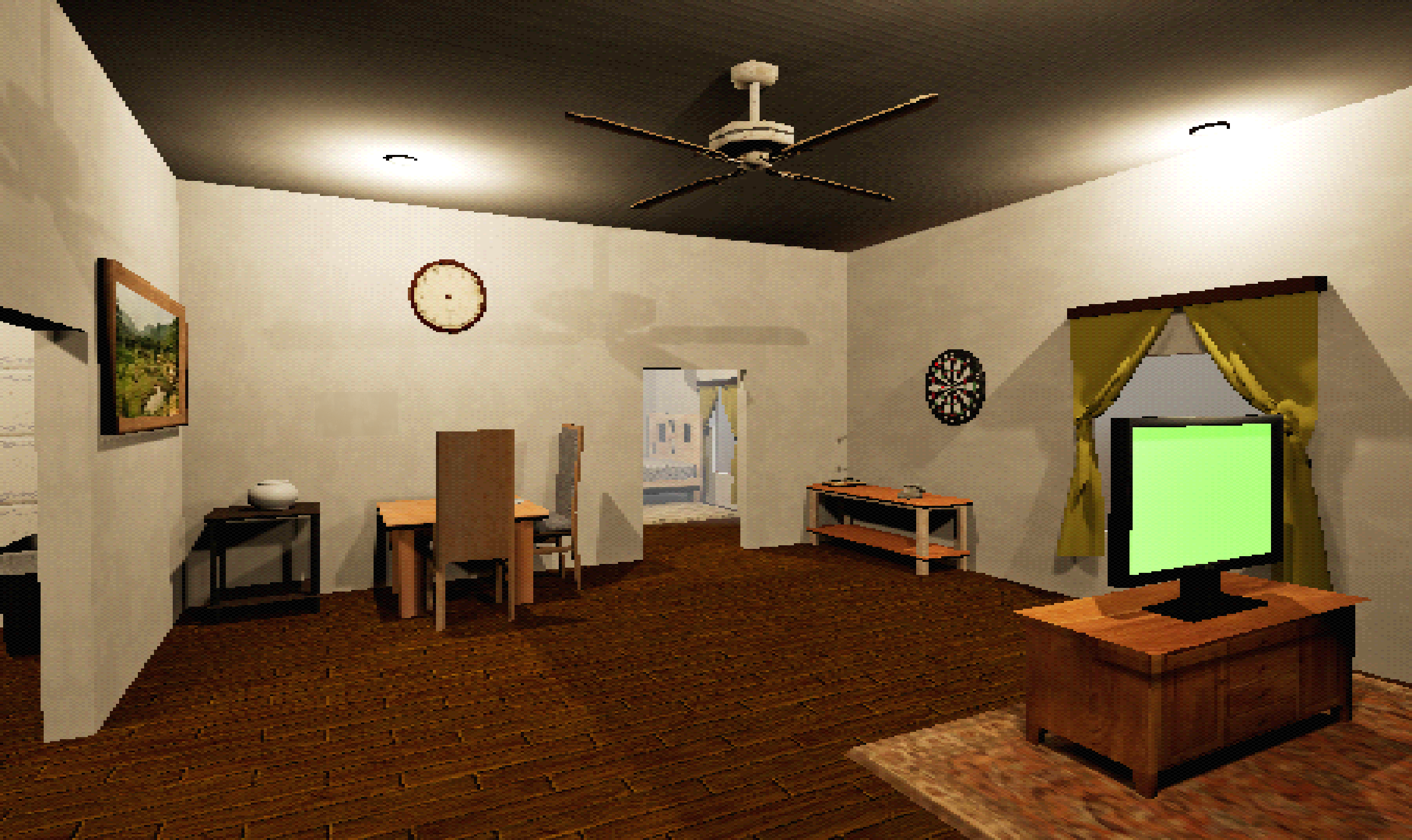 Low-poly apartment living room with a desk, computer and dartboard